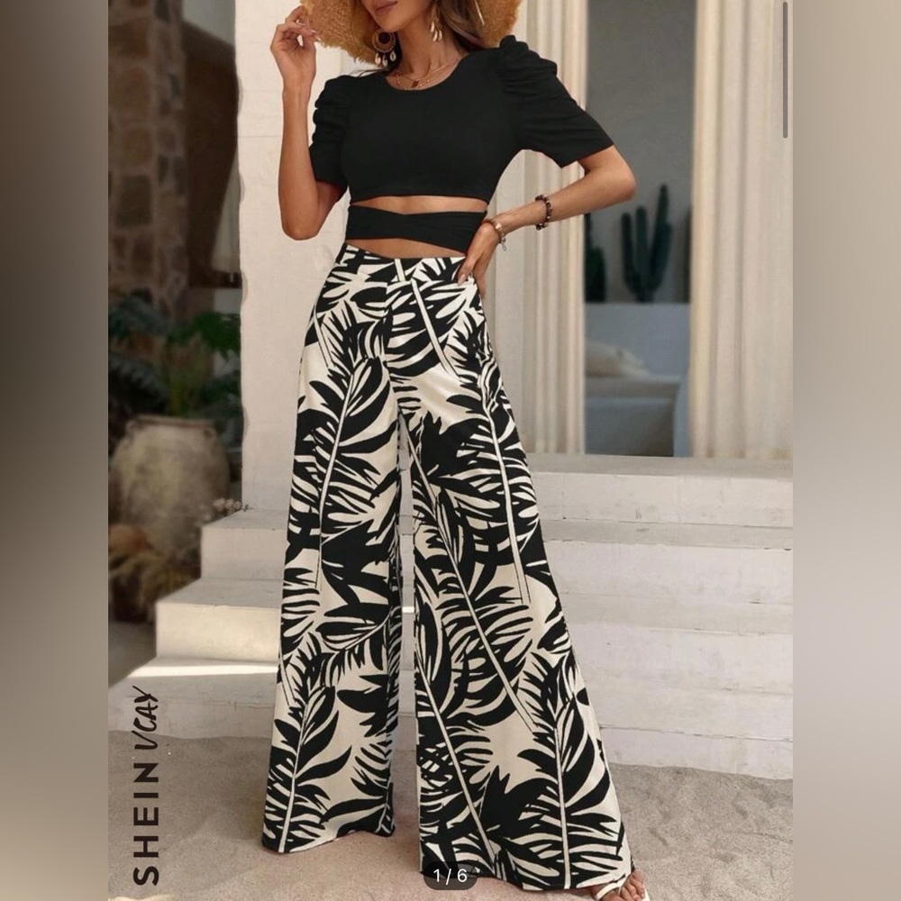 Black White Palm Leaf Wide Leg Pant & Black stretch knit puff sleeve crop top